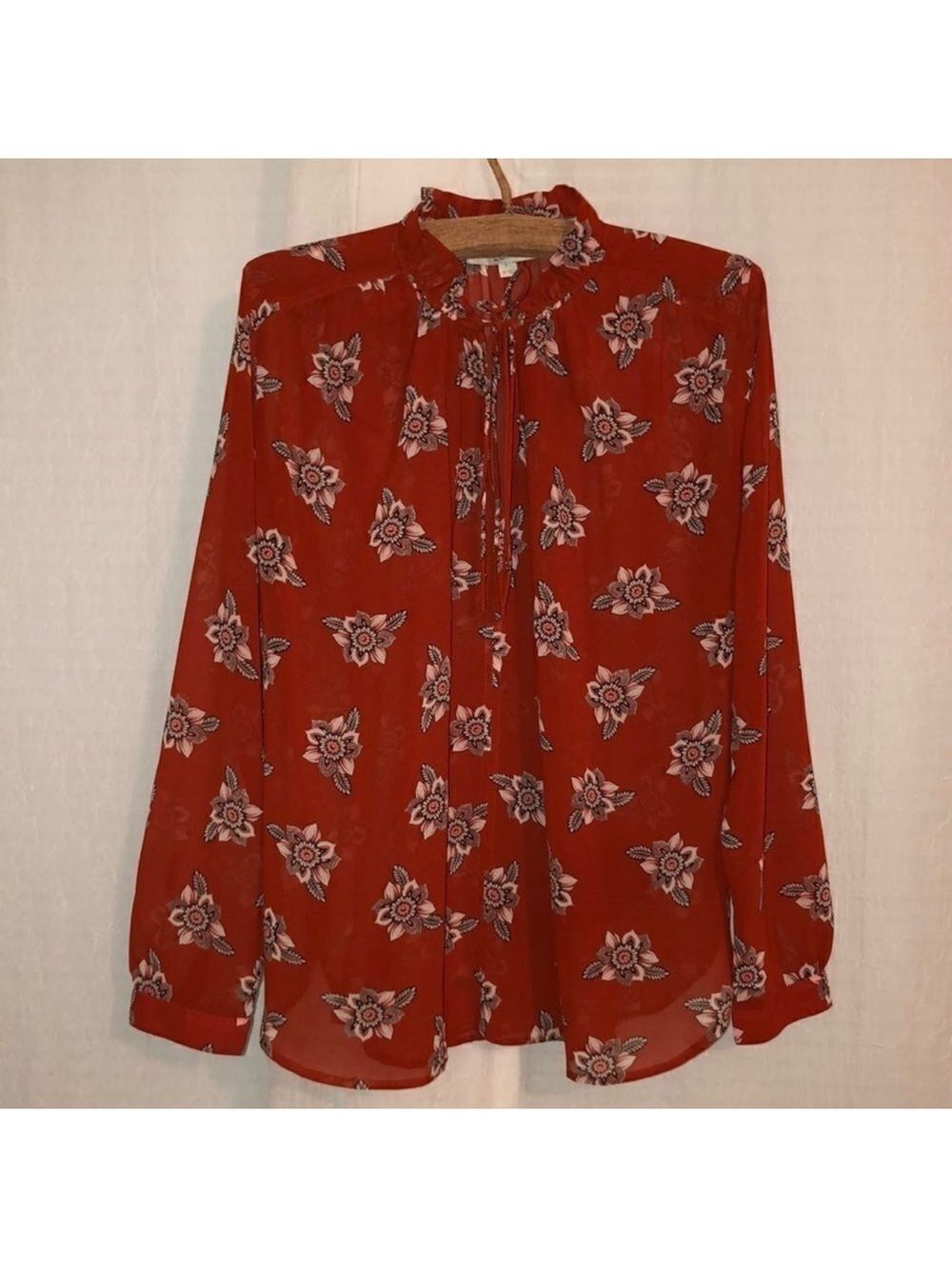 LOFT M Tomato Red Coral White Brown Floral Double Tie Front Long Sleeve Blouse